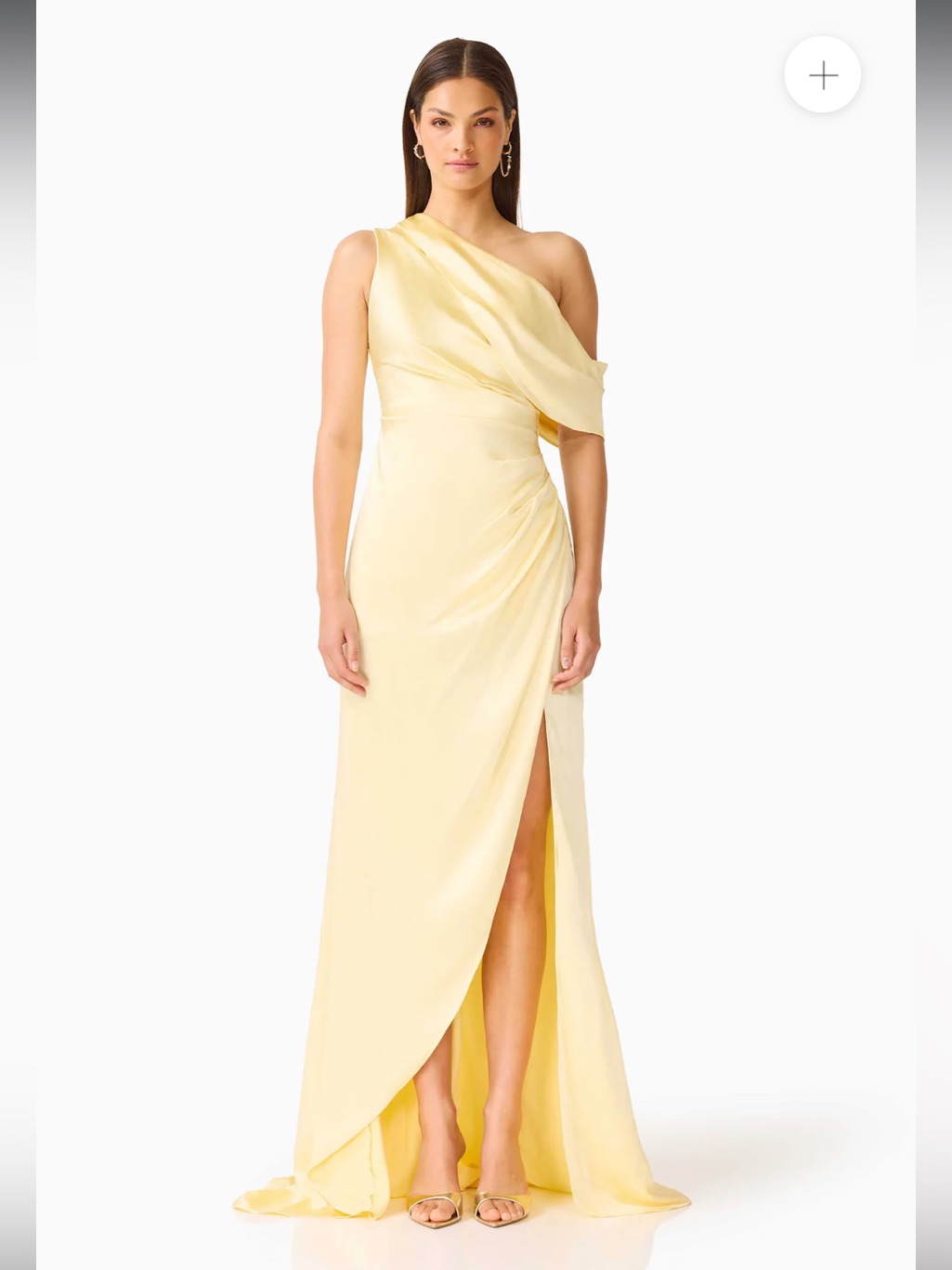Elliatt Isadora Yellow Satin One Shoulder Draped Maxi Gown Dress Size Medium New